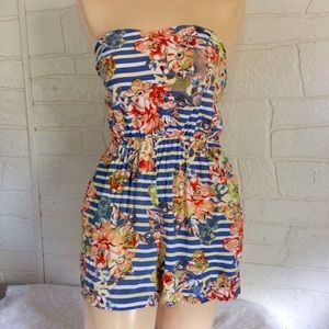 Romper Blue Stripe Floral Print Strapless Shorts